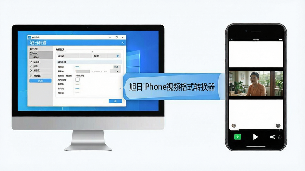 旭日iPhone视频格式转换器使用教程示意图,画面展示电脑屏幕上软件操作界面与手机播放效果的对比,左侧为电脑端转换设置,右侧为iPhone手机播放视频,软件名称“旭日iPhone视频格式转换器”出现在画面中央连接位置,风格简洁明快,蓝白配色,画质清晰,布局直观,干净无多余元素