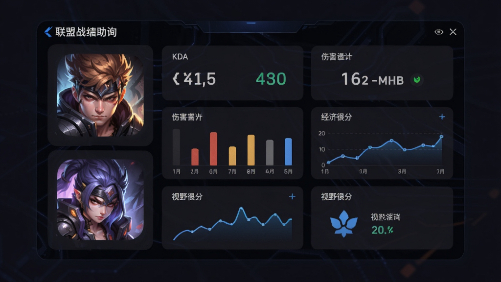 联盟助手实时战绩查询功能界面展示,主体为战绩数据面板居中,布局为左侧英雄头像右侧数据图表,排版采用卡片式纵向排列,风格为深色电竞科技风,细节包含KDA数值、伤害柱状图、经济折线图、视野得分图标,画质高清干净无多余元素