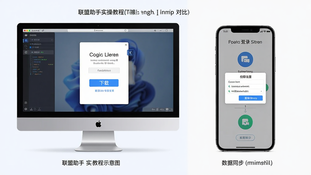 联盟助手实操教程示意图,主体为手机和电脑双端界面并排展示,布局为左侧电脑端右侧移动端,排版采用对比式布局,风格为简洁教程风,细节包含下载按钮、登录界面、权限设置弹窗、数据同步图标,画质高清干净无多余元素