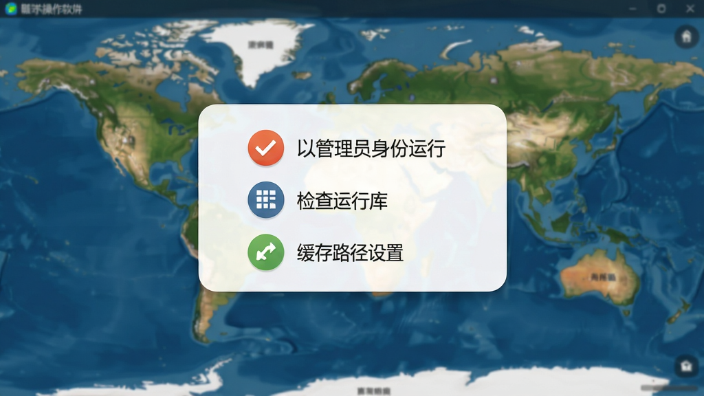 一张展示全球地图漫游软件新手操作提示的图片,画面主体是软件界面中弹出的帮助提示窗口,窗口内用图标和简短文字标注了“以管理员身份运行”“检查运行库”“缓存路径设置”等要点,背景是模糊的地图界面。布局采用居中弹窗形式,窗口圆角柔和。风格友好清晰,细节上图标颜色鲜明,文字排版整齐。画质高清,干净,无多余元素。