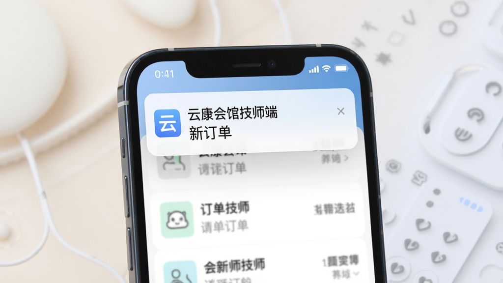 一张展示手机推送通知的界面图,画面主体是一部手机屏幕,屏幕顶部弹出“云康会馆技师端”的新订单通知横幅,下方隐约可见订单列表。整体布局简洁,背景柔和,风格现代科技感,细节清晰,画质干净。