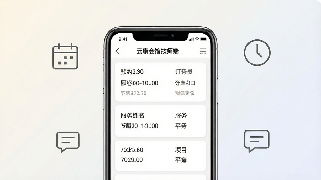 一幅干净的手机应用界面展示图,画面中央放置一部现代智能手机,屏幕内显示“云康会馆技师端”的订单列表页面,有预约时间、顾客姓名、服务项目等卡片信息。背景为浅色渐变,周围点缀简洁的线条图标如日历、时钟、对话气泡。整体风格清爽商务,排版居中对称,细节清晰,画质高清,干净无多余元素。