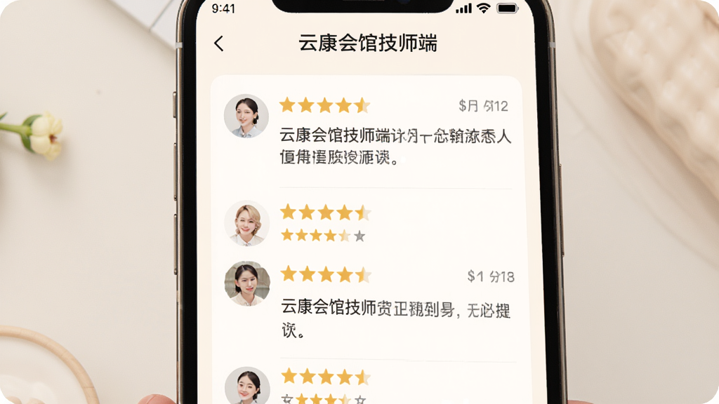 一张手机评价列表界面图,手机屏幕中显示“云康会馆技师端”的顾客评价页面,有五星好评和文字评论内容,每条评价旁边有顾客头像和评分星星。整体风格柔和,排版整齐,背景浅色,细节清楚,画质高。