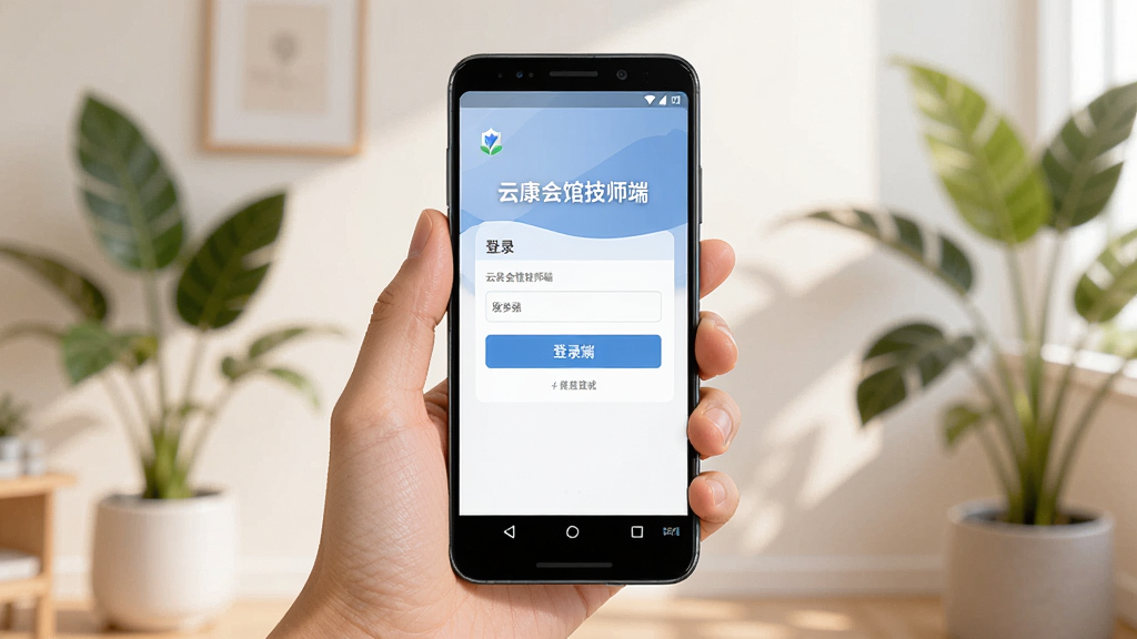 一张手机操作场景插图,画面中一只手拿着安卓手机,手机屏幕显示“云康会馆技师端”的登录页面,背景是简约的室内环境,有绿植和柔和光线。整体风格生活化,排版自然,细节清晰,画质干净。