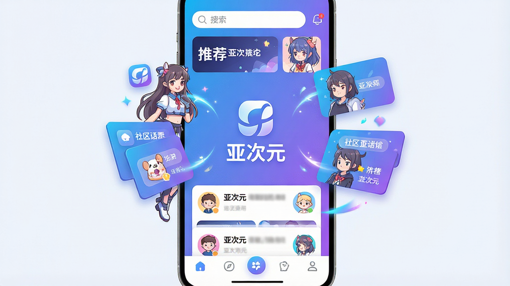 一张手机屏幕展示亚次元应用主界面,画面中央为亚次元Logo和名称“亚次元”,周围环绕二次元风格插画角色、动态卡片、社区话题标签等元素,布局采用上下分层结构,上方为搜索栏和推荐横幅,中部为瀑布流内容卡片,底部为导航栏,整体风格清新活泼,色彩以蓝紫渐变为主,细节包括圆角图标、动态光效、卡通头像,画质高清,干净,无多余元素