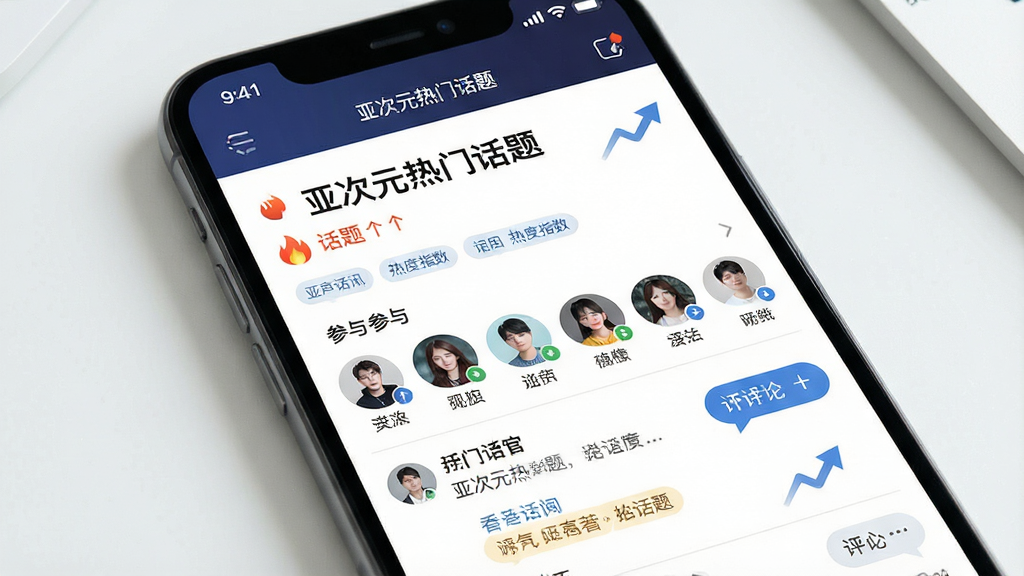 一幅AI生图,主体为亚次元热门话题追踪页面,布局为手机屏幕展示话题榜单和讨论区,排版上方为话题标题和热度指数,中部为参与用户头像列表,下方为讨论内容,风格为资讯类应用简洁风,细节包括火焰图标、上升箭头、话题标签、评论气泡,画面中带有文字“亚次元热门话题”,画质高清,干净,无多余元素