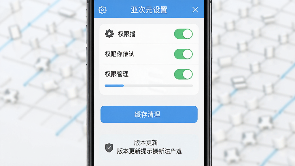 一幅AI生图,主体为亚次元新手操作指引界面,布局为手机屏幕展示设置菜单和权限管理页面,排版上方为权限开关列表,中部为缓存清理按钮,下方为版本更新提示,风格为工具类应用简洁风,细节包括齿轮图标、开关按钮、进度条、提示文字,画面中带有文字“亚次元设置”,画质高清,干净,无多余元素
