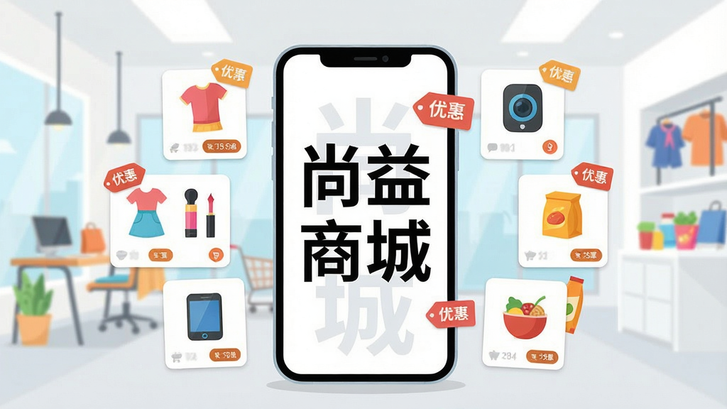 一幅现代移动电商应用场景插画,画面中央是一部智能手机,屏幕上清晰展示“尚益商城”四个大字,手机周围环绕各类商品图标如服饰、美妆、数码产品、食品等,背景为明亮的室内购物环境,布局采用中心构图,排版简洁有序,风格为扁平化矢量插画,细节包括商品卡片、购物车图标、优惠标签,画质高清,画面干净,无多余元素