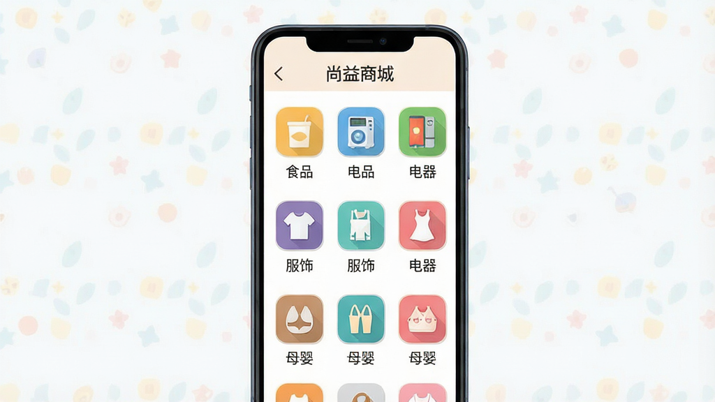 一幅展示电商应用商品分类页面的手机界面插画,画面中央是一部手机,屏幕显示“尚益商城”的分类导航,包含食品、电器、服饰、母婴等多个图标排列整齐,布局为纵向手机展示,排版清晰,风格为现代扁平化设计,细节有彩色分类图标和简洁文字标签,画质高清,画面干净,无多余元素