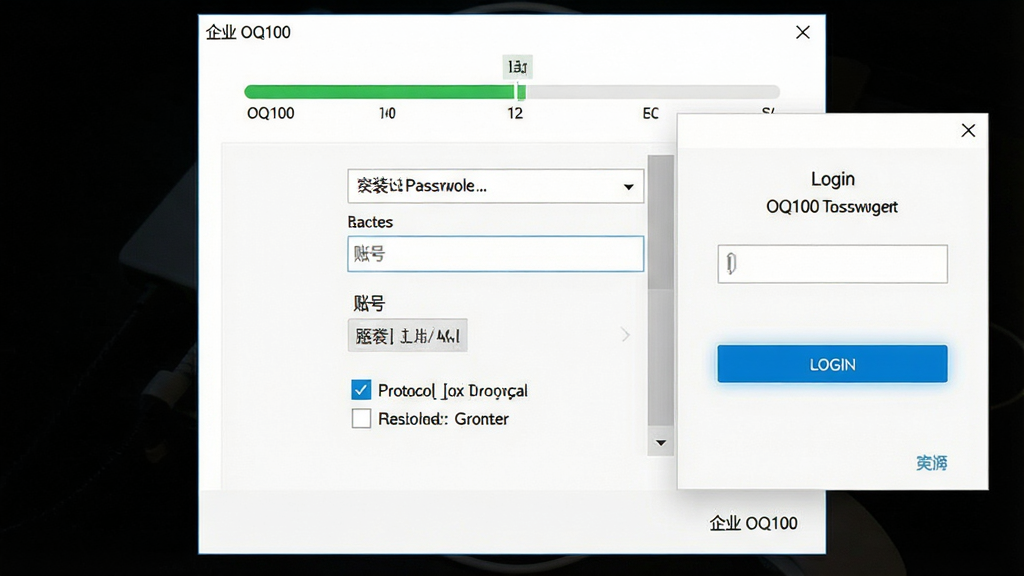 一张展示企业OQ100安装与登录界面的图片,主体为安装向导窗口与登录框,布局为上方进度条、中间账号密码输入区、下方登录按钮,排版居中,风格为简洁安装界面风,细节包含安装路径选择、协议勾选框、登录按钮高亮,画质高清,界面干净,无多余元素