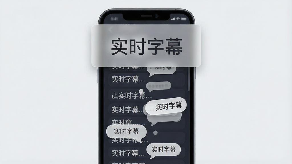 主体为实时字幕软件界面截图风格插画,画面中央是手机屏幕,屏幕上方悬浮窗显示“实时字幕”四个字,下方是不断滚动的文字流,布局为手机居中、文字气泡从底部向上飘动,排版突出悬浮窗与文字流的关系,风格为清爽简约的UI风格,细节包括悬浮窗半透明效果、文字气泡大小错落、背景为浅灰色,画质高清,干净,无多余元素