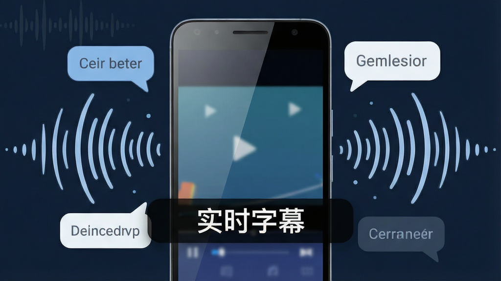 主体为一部安卓手机屏幕特写,屏幕中显示视频播放画面,画面下方叠加半透明黑色字幕条,字幕条内呈现白色中文文字“实时字幕”,手机周围环绕声波与文字气泡元素,布局采用居中构图,排版上手机占据画面中央,声波从手机两侧向外扩散,风格为现代科技感扁平插画,细节包括屏幕反光、字幕条圆角处理、气泡内隐约可见英文单词,画质高清,干净,无多余元素