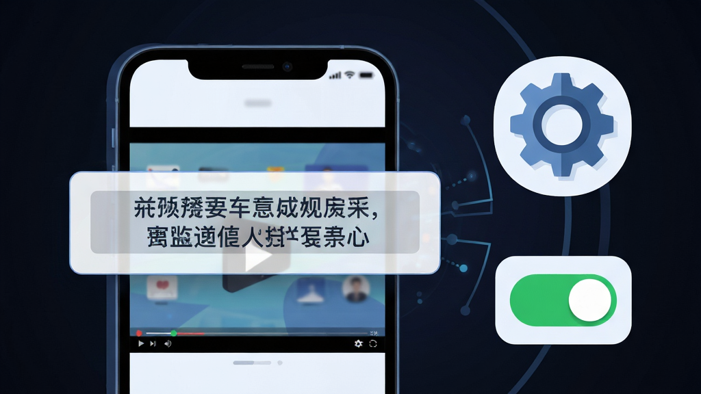 主体为手机屏幕显示实时字幕悬浮窗运行状态,画面中视频正在播放,字幕条清晰显示中文文字,手机旁边放置一个齿轮图标与权限开关图标,布局为手机居中偏左、图标环绕右侧,排版突出运行状态与权限设置的关系,风格为科技感扁平插画,细节包括字幕文字清晰可辨、权限开关呈绿色开启状态、背景为深色渐变,画质高清,干净,无多余元素
