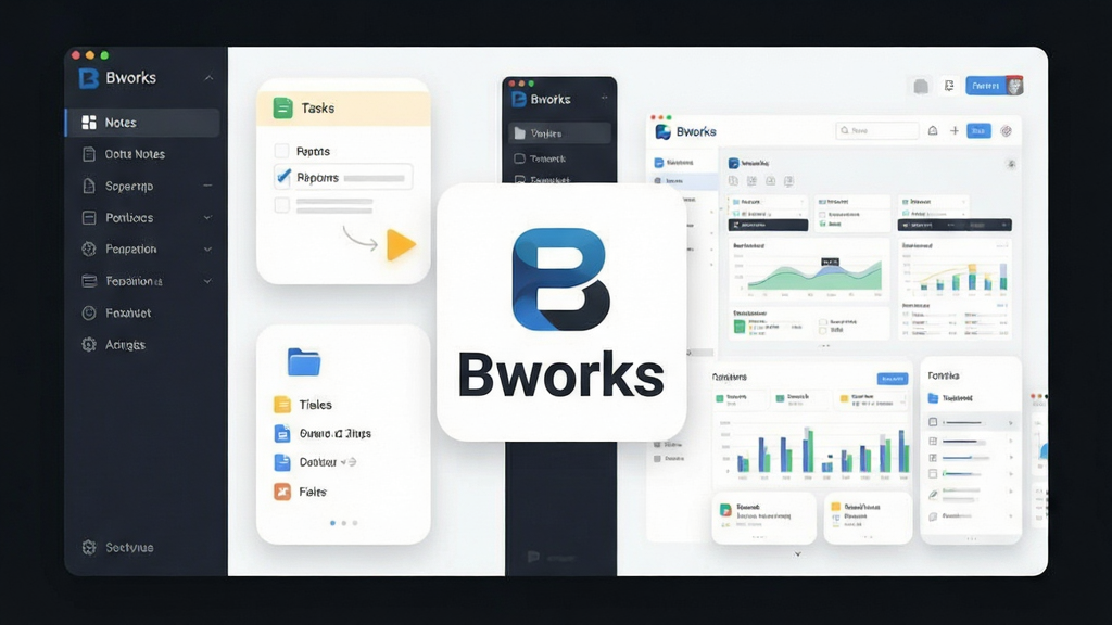一张展示Bworks软件主界面的全貌图,画面中央是Bworks的Logo和名称,四周环绕着笔记、任务清单、文件管理、团队协作等功能模块的图标,布局采用左右分栏排版,左侧为导航菜单,右侧为工作区预览,风格为现代简约商务风,细节包含柔和的阴影和圆角卡片设计,画质清晰干净,无多余元素