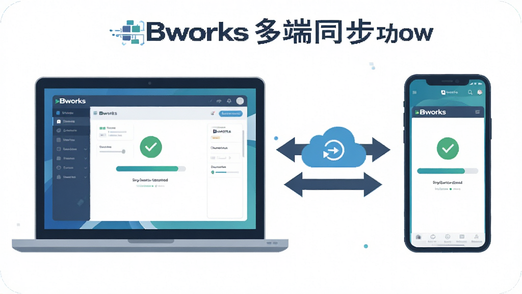 一幅展示Bworks多端同步功能的示意图,画面左侧是一台笔记本电脑,右侧是一部智能手机,中间用双向箭头和云朵图标连接,屏幕上分别显示Bworks的界面和同步进度条,布局为左右对称排版,风格为科技感扁平插画,细节包含设备屏幕上的Bworks标识和同步完成的对勾图标,画质清晰干净,无多余元素