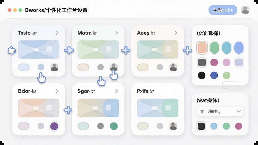 一幅Bworks个性化工作台设置的示意图,画面展示可拖拽的模块卡片、主题配色选择器和快捷操作栏,布局为网格状排版,风格为柔和圆角清新风,细节包含拖拽手柄和颜色预览圆点,画质清晰干净,无多余元素