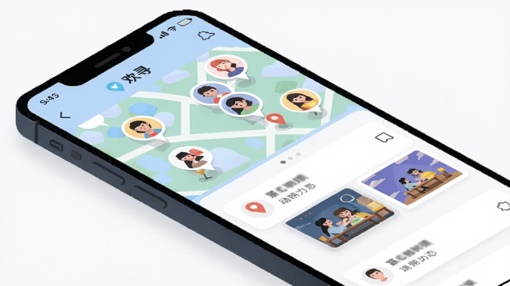 手机屏幕显示“欢寻”附近动态页面,地图背景上有多个用户头像气泡,下方是动态卡片流,画面采用等距视角,风格扁平化插画,细节包括定位图标和动态配图缩略图,画质清晰,干净无多余元素