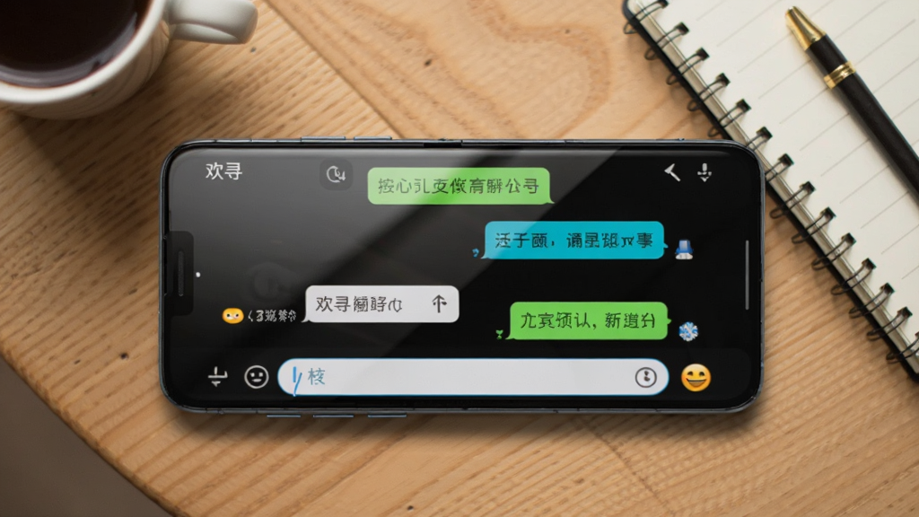 一部安卓手机横放在木质桌面上,屏幕亮起显示“欢寻”聊天对话界面,气泡左右分布,输入框和表情按钮清晰可见,背景有咖啡杯和笔记本作为点缀,布局为俯视角度,风格简约生活化,细节包括屏幕反光和气泡阴影,画质高清,干净无多余元素