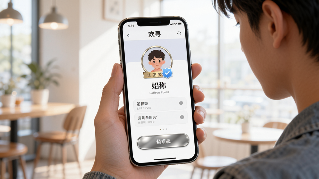 画面主体为一位年轻用户手持手机,手机屏幕显示“欢寻”个人资料页面,页面中有头像、昵称和认证徽章,背景为明亮的室内环境,布局采用中心聚焦构图,风格写实偏插画,细节包括认证标识的金属光泽和界面按钮的圆角设计,画质清晰,干净无多余元素