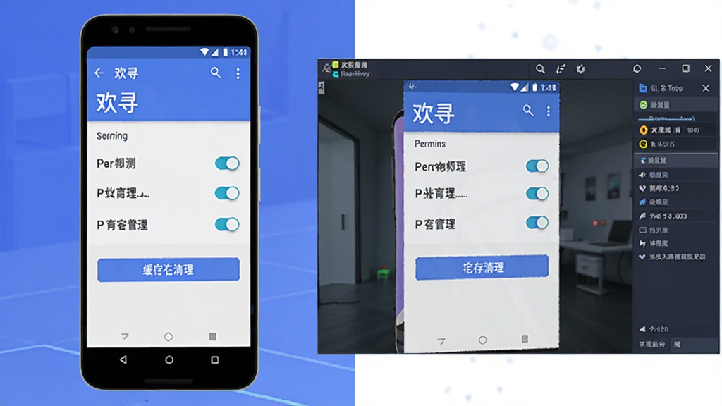 一部安卓手机展示“欢寻”设置页面的权限管理界面,旁边有模拟器窗口显示相同应用,画面采用左右对比布局,风格科技感插画,细节包括权限开关、缓存清理按钮和模拟器侧边栏,画质清晰,干净无多余元素