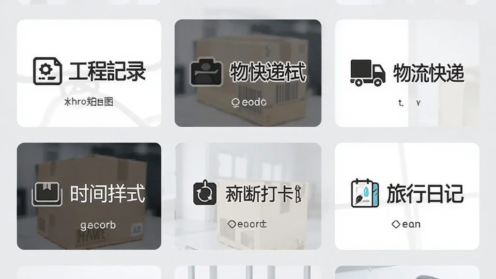 水印相机拍图软件的水印模板选择界面,屏幕上以网格形式排列着多个不同样式的水印预览卡片,包括工程记录样式、物流快递样式、时间打卡样式和旅行日记样式,每个卡片上有对应的图标和文字说明,背景为浅灰色,整体排版整齐,风格简约商务,画质干净,无多余元素