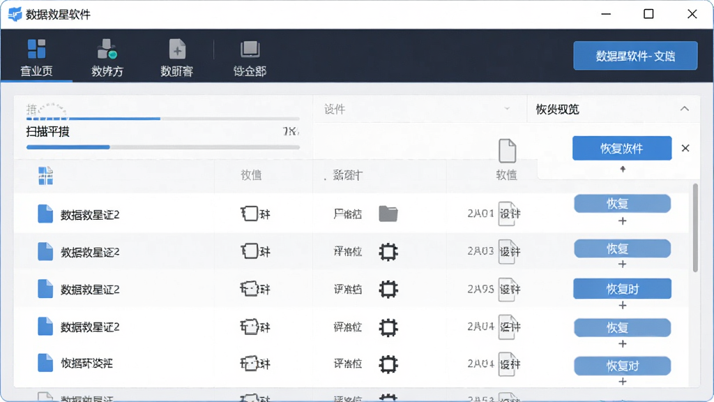 数据救星软件主界面全貌预览图,主体为软件操作窗口,布局为上方功能导航栏与下方文件列表区,排版清晰整洁,风格为现代简约科技风,细节包含扫描进度条、文件类型图标、恢复按钮,画质高清干净无多余元素
