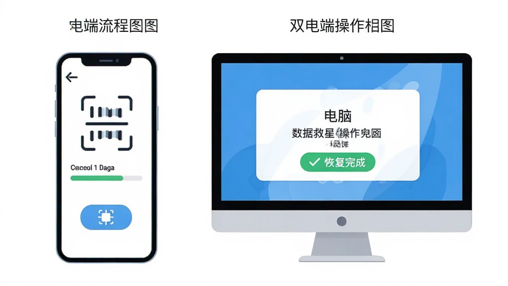 数据救星使用操作流程图,主体为手机与电脑双端操作示意,布局为左侧手机界面与右侧电脑界面并列,排版对比结构,风格为扁平化插画风,细节包含扫描按钮、进度条、恢复完成提示,画质清晰干净无多余元素