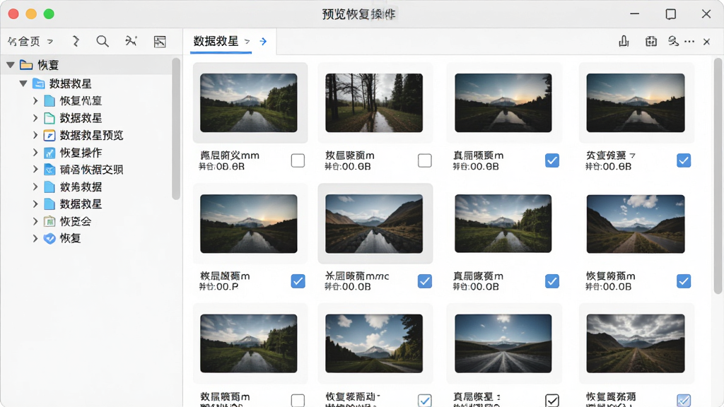 数据救星预览恢复操作界面图,主体为文件预览窗口,布局为左侧目录树与右侧缩略图网格,排版分栏结构,风格为清爽浅色风,细节包含图片缩略图、文件名称、恢复勾选框,画质高清干净无多余元素