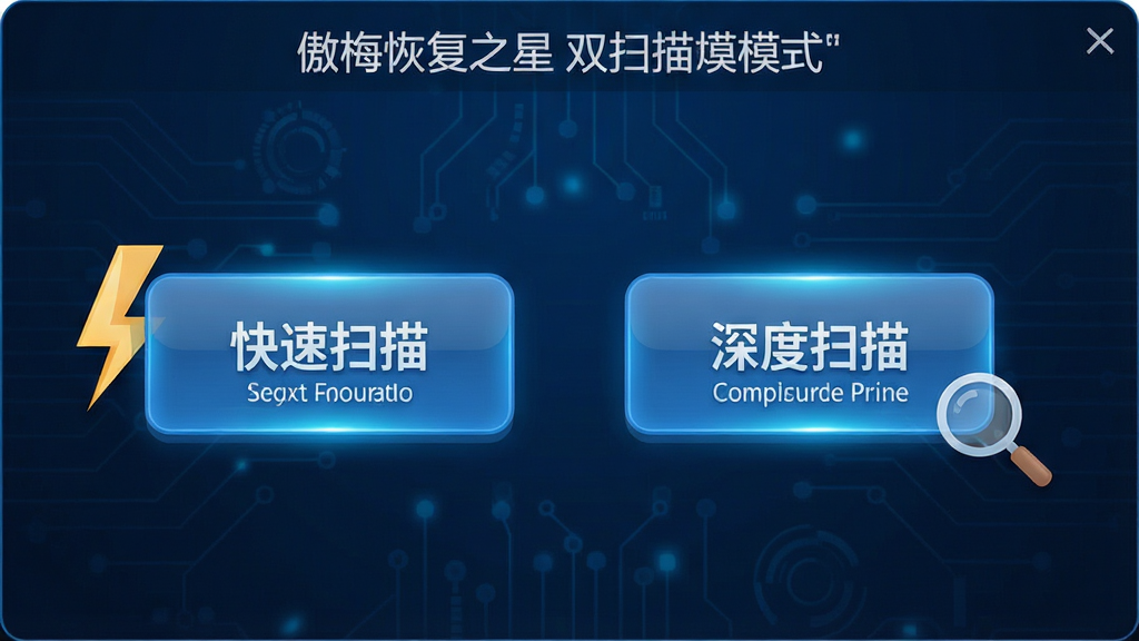一张展示傲梅恢复之星双扫描模式选择的图片,画面中央为两个大按钮分别标注“快速扫描”和“深度扫描”,背景为深蓝色科技纹理,按钮周围有闪电和放大镜图标象征速度与深度,布局为对称居中,风格为扁平化图标设计,细节包括按钮光效和文字说明,画质高清,干净,无多余元素
