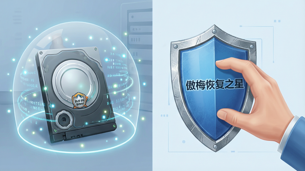 一张展示傲梅恢复之星安全只读机制的图片,画面中一只手拿着盾牌挡在硬盘前面,盾牌上写着“傲梅恢复之星”,硬盘周围有数据光点被保护罩笼罩,布局为左右对比式,风格为安全主题插画,细节包括盾牌纹理和数据流光,画质高清,干净,无多余元素