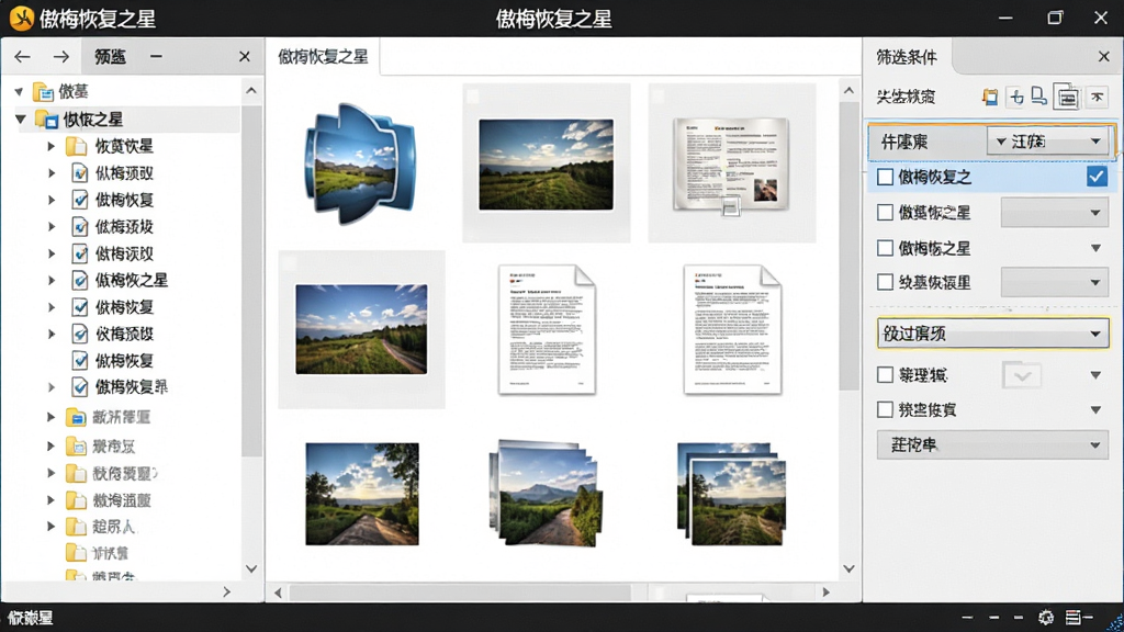 一张展示傲梅恢复之星文件预览与筛选功能的图片,画面左侧为文件目录树,中间为图片和文档缩略图预览区,右侧为筛选条件面板,屏幕顶部显示“傲梅恢复之星”标题,布局为三栏式界面,风格为现代软件UI设计,细节包括文件图标、勾选框和筛选下拉菜单,画质高清,干净,无多余元素