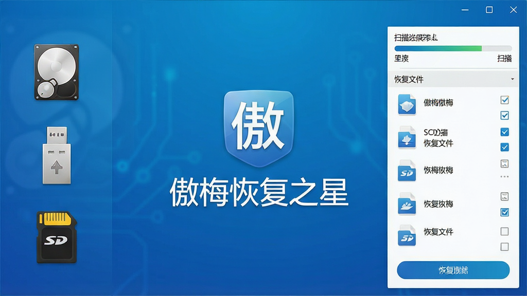 一张展示傲梅恢复之星软件主界面的图片,画面中央是软件Logo与名称“傲梅恢复之星”,背景为科技蓝渐变色调,左侧显示硬盘、U盘、SD卡等存储设备图标,右侧展示扫描进度条与恢复文件列表,整体风格简洁专业,布局清晰对称,细节包括文件类型图标、勾选框和恢复按钮,画质高清,干净,无多余元素
