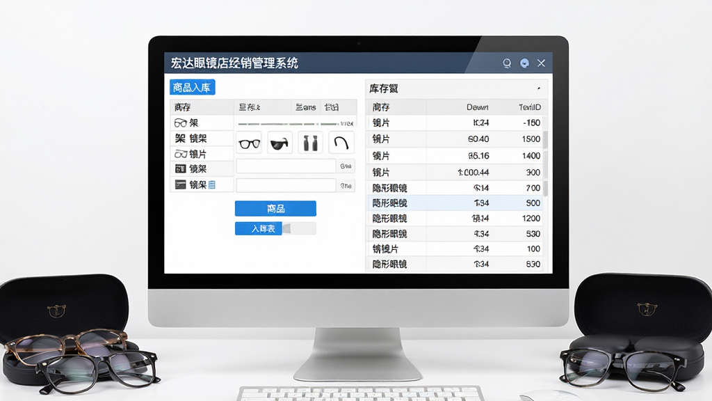 宏达眼镜店经销管理系统进销存管理功能界面展示,画面主体为电脑屏幕特写,屏幕中显示商品入库表单和库存列表,列表包含镜架、镜片、隐形眼镜等商品条目及库存数量,屏幕旁边摆放多副不同款式的眼镜和镜盒,布局为左右构图,风格为简洁办公风,细节包括清晰的表格线、蓝色高亮按钮、整齐的商品图标,画质高清,画面干净,无多余元素