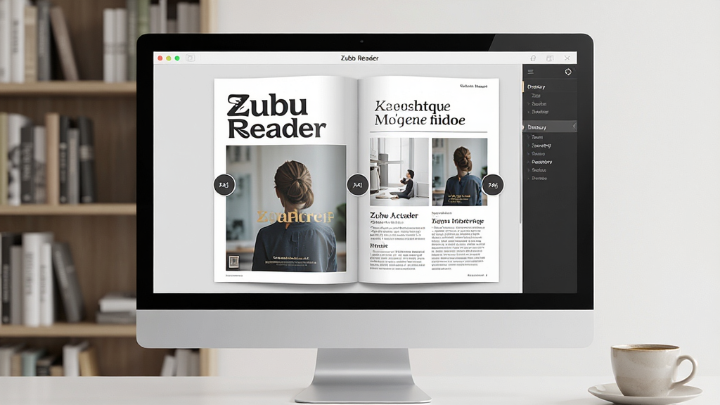 一张展示Zubu Reader电子杂志阅读器软件界面的图片,主体为电脑屏幕中打开的精美电子杂志跨页,布局为软件窗口居中,四周有书架和咖啡杯点缀,排版简洁,风格现代商务,细节包括杂志封面文字清晰、翻页按钮、目录侧边栏,画质高清,干净,无多余元素
