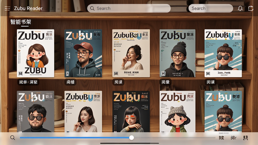 Zubu Reader电子杂志阅读器的智能书架界面,主体为木质书架背景上排列着多本电子杂志封面,布局为网格状展示,排版错落有致,风格温馨书房,细节包括杂志封面清晰、分类标签、搜索框、阅读进度条,画质高清,干净,无多余元素