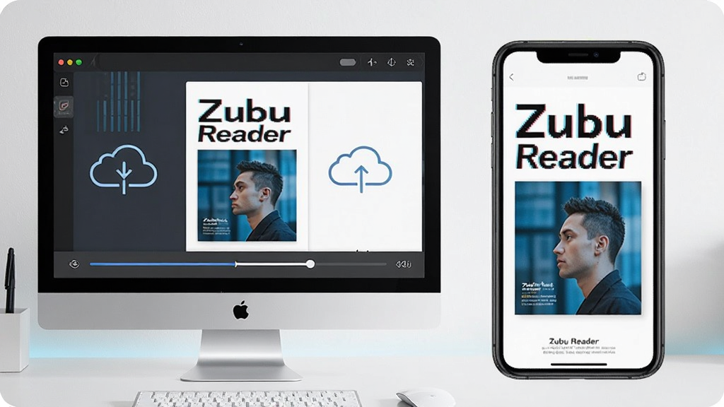 Zubu Reader电子杂志阅读器在电脑和手机双端同步阅读的场景,主体为左侧电脑屏幕右侧手机屏幕同时显示同一本杂志,布局为左右对比,排版对称,风格现代科技,细节包括同步进度条、云端图标、杂志封面一致,画质高清,干净,无多余元素