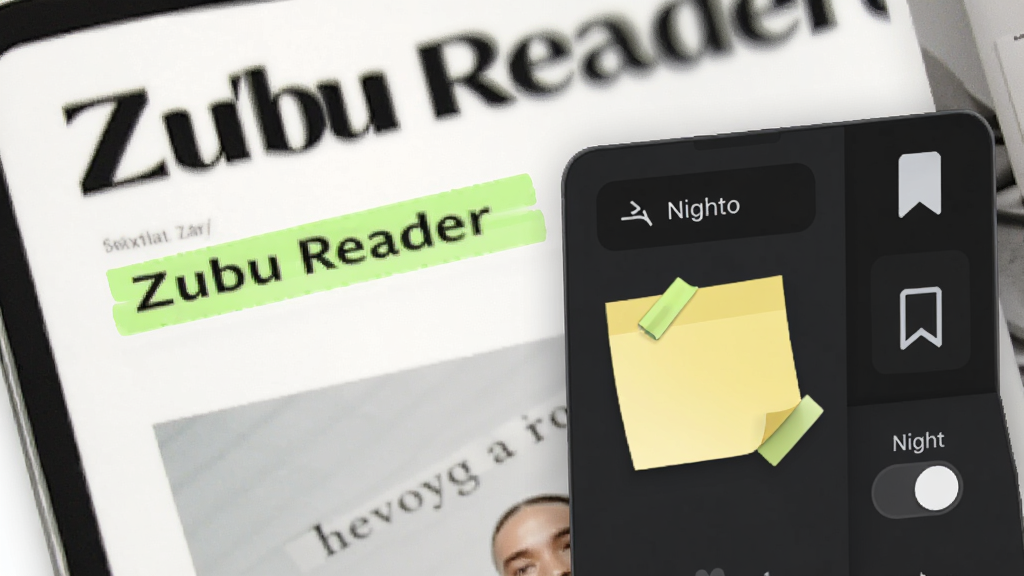 Zubu Reader电子杂志阅读器阅读辅助功能展示,主体为软件界面中杂志页面上的高亮标注和书签图标,布局为局部放大特写,排版突出工具面板,风格清爽明亮,细节包括荧光笔效果、便签贴、夜间模式切换按钮,画质清晰,干净,无多余元素
