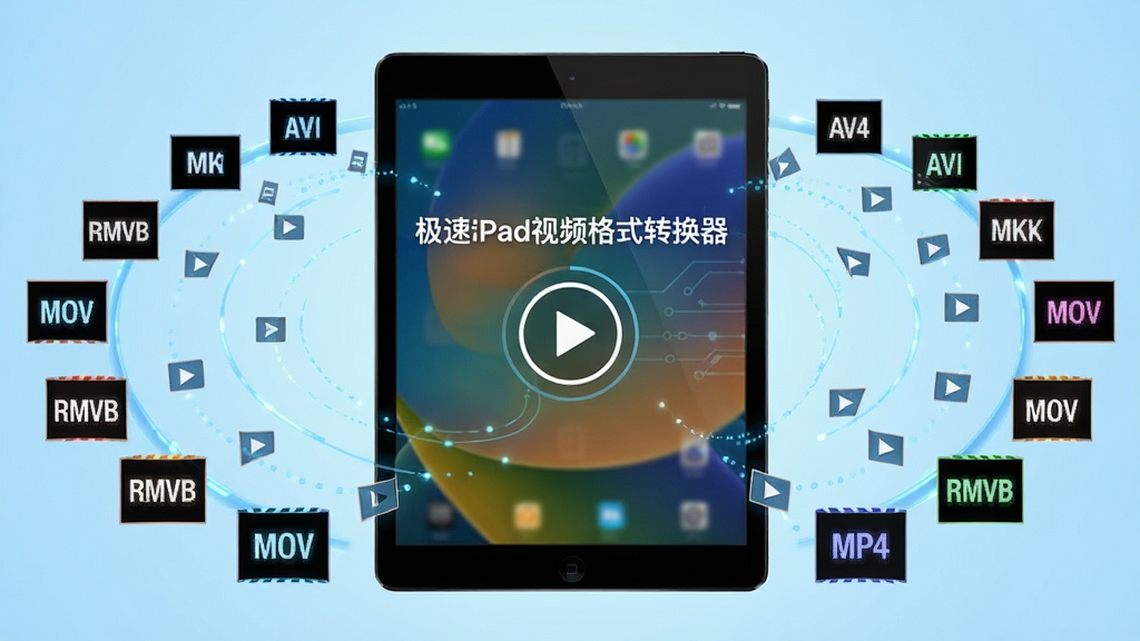 极速iPad视频格式转换器全格式兼容功能展示图,画面中央是一台iPad平板电脑,周围环绕着各种视频格式的图标,如MP4、AVI、MKV、RMVB、MOV等,图标以环形排列向iPad汇聚,背景为浅蓝色渐变,风格简洁科技感强,iPad屏幕上显示