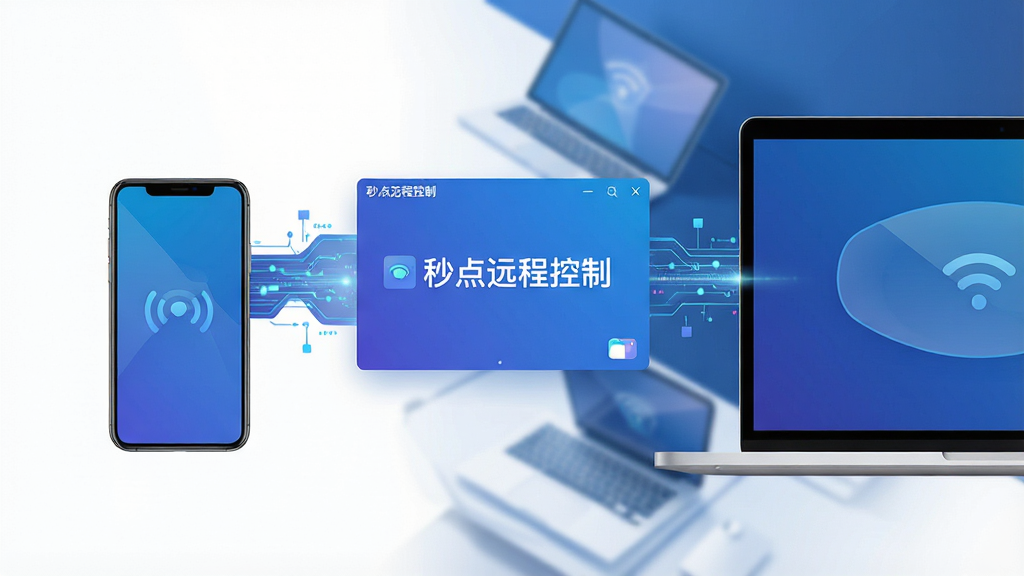 一张展示手机与电脑屏幕互联的科技感概念图,画面中央是「秒点远程控制」的软件界面悬浮在两者之间,主体为一部智能手机和一台轻薄笔记本电脑,布局采用左右对称式,排版清晰明了,风格为现代扁平化科技风,细节包括数据流光线连接两端设备、背景为深蓝色渐变,画质为4K高清、干净、无多余元素