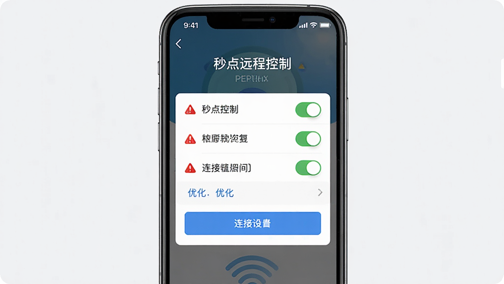 一张手机屏幕上显示着「秒点远程控制」权限设置和连接界面的截图,主体为手机屏幕,布局为竖屏展示,排版清晰显示各项权限开关和连接按钮,风格为UI界面写实,细节有红色警示图标和蓝色优化提示文字,画质为高清、干净、无多余元素