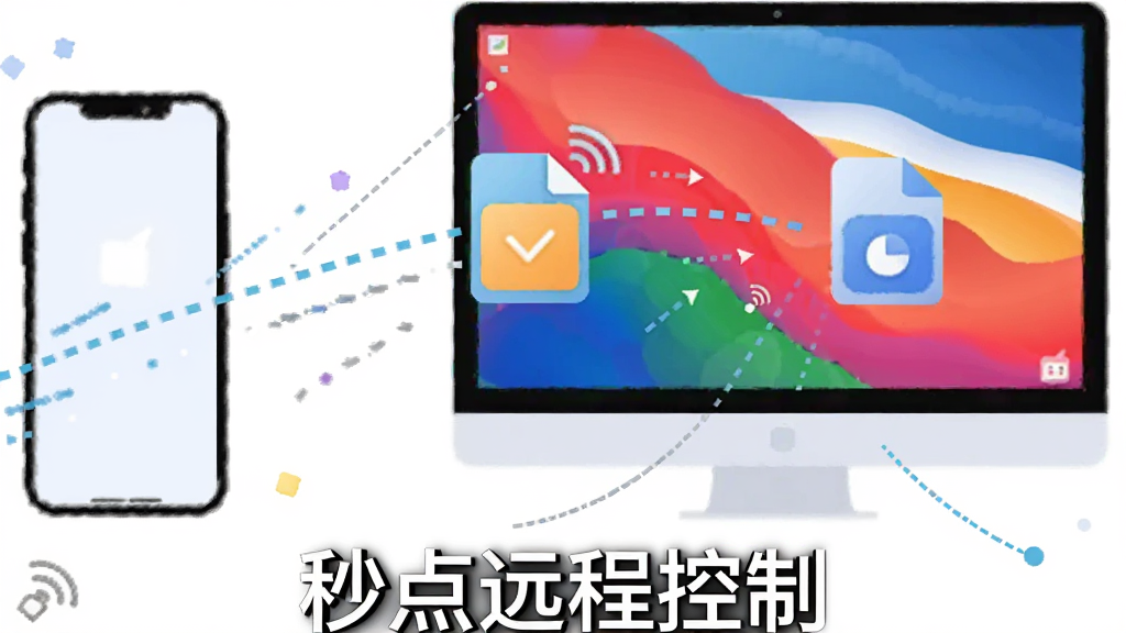 手机和电脑之间有一条虚线连接,虚线中间有文件图标正在移动,主体为手机、电脑和文件图标,布局为左右水平排列,排版动感,风格为插画风,细节有「秒点远程控制」文字在底部,画质为高清、干净、无多余元素