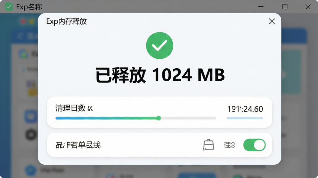 �������ơ�Exp�ڴ��ͷš�һ�����������������棬����Ϊ���е�����ʾ�����ͷ� 1024 MB�����֣������Ϸ�Ϊ��ɫ�Թ�ͼ�꣬�·�Ϊ������־�б����Ű���ÿ�ƬʽԲ����ƣ����Ϊ����ǳɫ��ϸ�ڰ���������������ʱ���������������ͼ�꣬���������ɾ����޶���Ԫ��