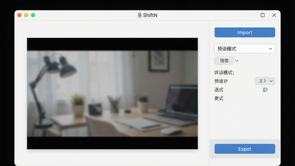 一张展示ShiftN简洁操作界面的图片,主体是软件主窗口,布局为中心预览区加右侧参数面板,排版干净利落,风格为现代简约软件界面风格,细节包括导入按钮、预设模式下拉菜单、导出按钮,画质清晰,干净,无多余元素