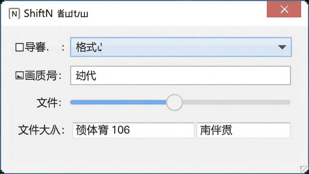 一张展示ShiftN多格式兼容特性的图片,主体是软件导出设置面板,布局为对话框形式,排版居中,风格为实用工具软件风格,细节包括格式下拉选项、画质调节滑块、文件大小预估显示,画质清晰,干净,无多余元素