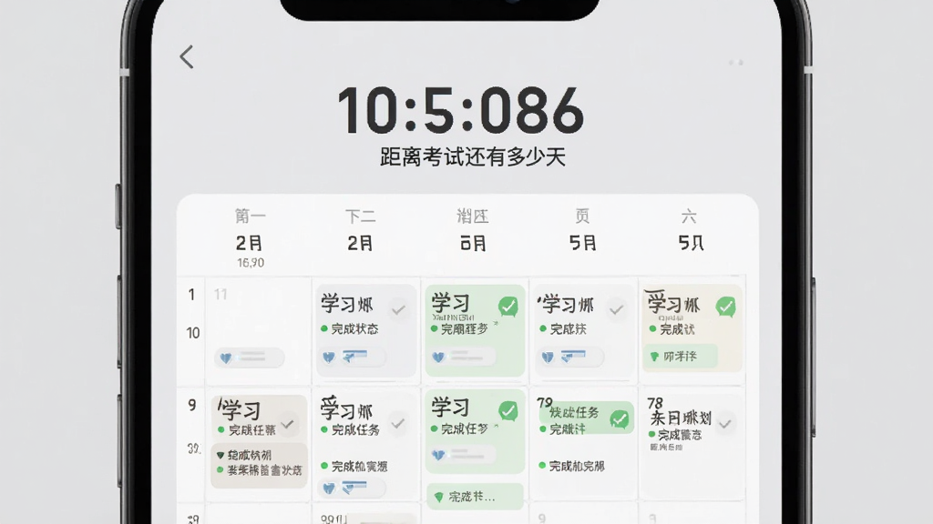 ���Ͽ�APPѧϰ�ƻ�ҳ��չʾ���ֻ���Ļ��ʾ������ʽ�ı����ճ̱���ÿ���ע��ѧϰ��������״̬����Ļ�Ϸ��е���ʱ��ʾ���뿼�Ի��ж����죬����Ϊǳ��ɫ���������������ţ����ֹ��������ʸ��壬�޶���Ԫ��