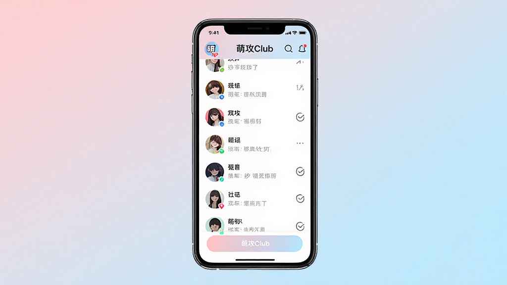 一张手机屏幕展示萌攻Club应用主界面的场景图,画面中央是手机,屏幕显示萌攻Club的社交界面,有用户头像列表和聊天按钮,背景是柔和的浅粉色与浅蓝色渐变,整体风格清新简洁,排版居中,细节清晰,画质干净无多余元素。