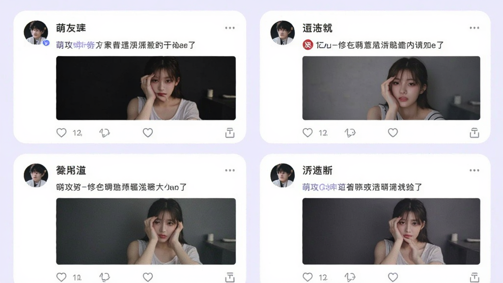 一张手机界面截图风格图片,展示萌攻Club动态广场页面,屏幕上有多个用户发布的卡片式动态,每条动态包含头像、昵称、文字和配图,界面配色以白色和淡紫色为主,排版整齐,风格现代简约,画质干净清晰。