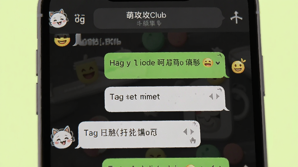 一幅展示手机聊天界面的图片,屏幕中显示萌攻Club的私聊对话窗口,有气泡对话框和表情图标,背景为浅绿色,整体风格温馨友好,排版简洁,细节清晰,画质干净无多余元素。
