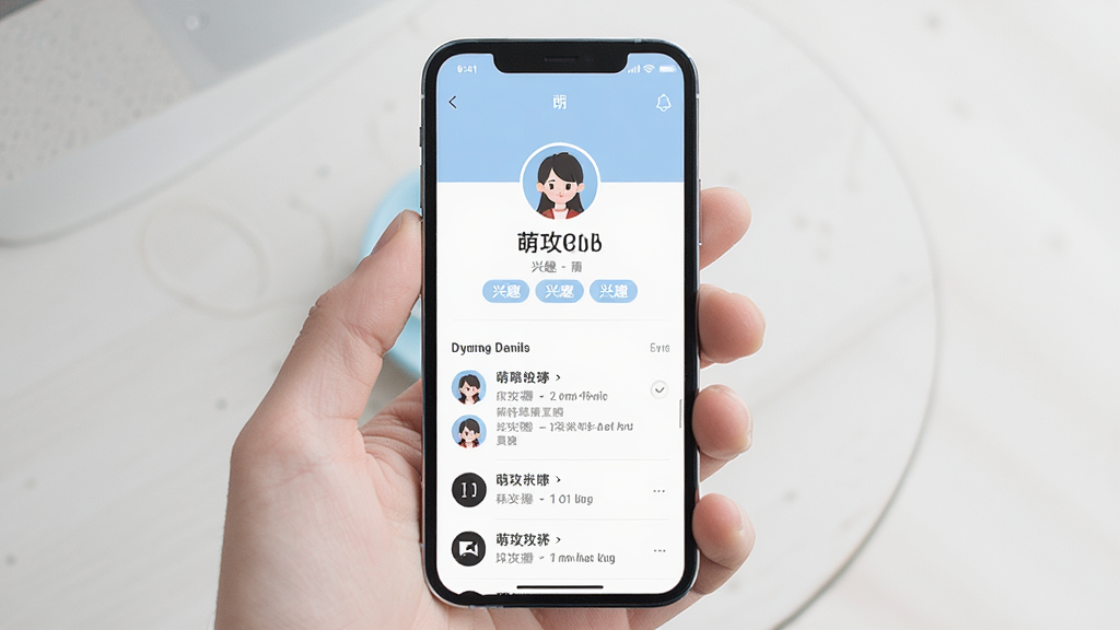 一张手机屏幕展示萌攻Club个人主页的图片,页面包含用户头像、昵称、兴趣标签和动态列表,界面设计清爽,配色以白色和淡蓝色为主,排版居中,风格简约现代,画质清晰干净。