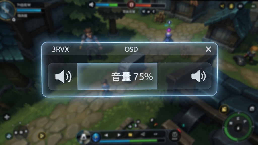 电脑音量控制器(3RVX)OSD悬浮窗特写图,画面聚焦屏幕中央的半透明音量条,显示“音量 75%”字样和喇叭图标,背景为模糊的游戏画面,OSD边缘带有柔和光晕,风格科技感十足,细节丰富,画质清晰,干净无多余元素